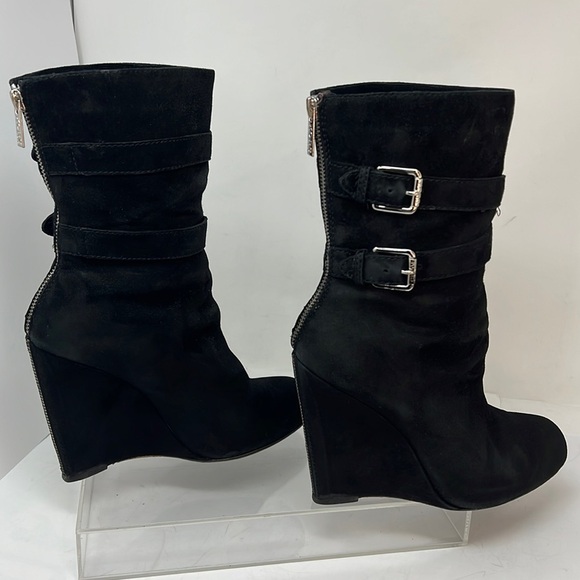 Michael Kors Sz 9 Parker Black Suede Leather Wedge Heel Exposed Zip Ankle Boots - Picture 2 of 13
